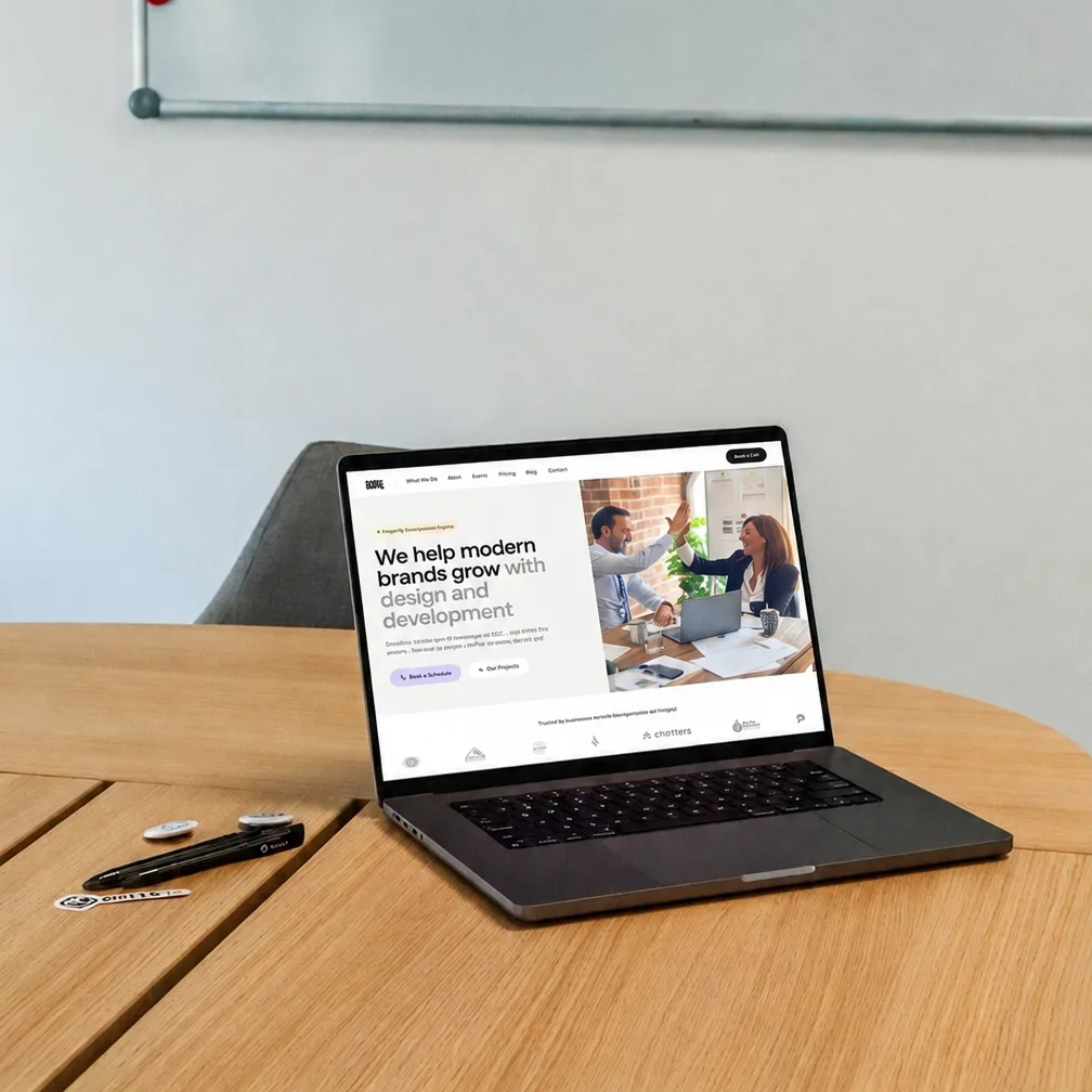 A Bergen Digital website open on a laptop in a meeting room